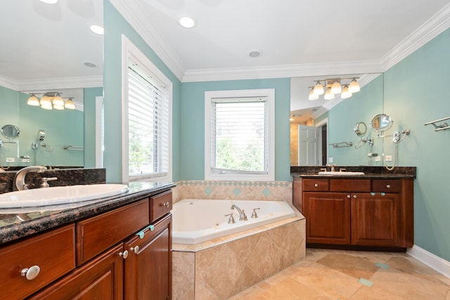 7715 Virginia Ct, Willowbrook, IL 60527 - bathroom with two vanities, a bath, crown molding, and tile patterned flooring