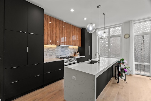 6223 S Ellis Ave, Chicago, IL 60637 - kitchen with modern cabinets, dark cabinets, light wood-style floors, backsplash, and light countertops