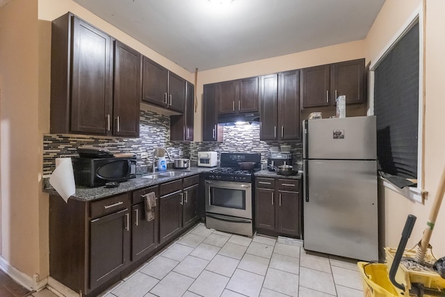 6601 S St Lawrence Ave, Chicago, IL 60637 - kitchen with stainless steel appliances, under cabinet range hood, decorative backsplash, dark brown cabinets, and light tile patterned flooring