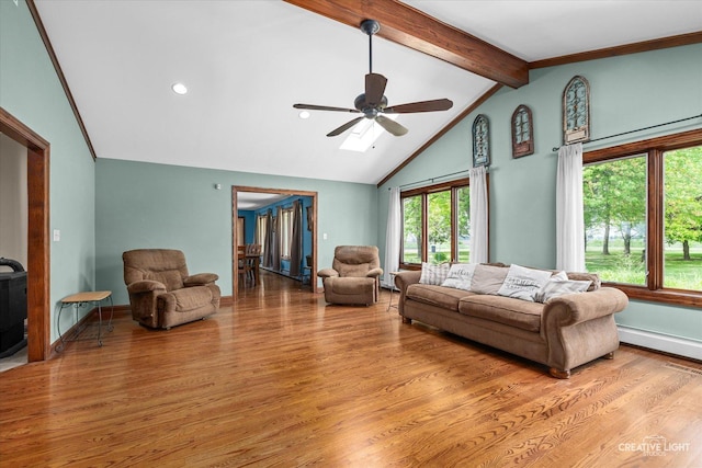 45W251 Ic Trl, Maple Park, IL 60151 - living area with light wood-style floors, beamed ceiling, a ceiling fan, a baseboard heating unit, and high vaulted ceiling