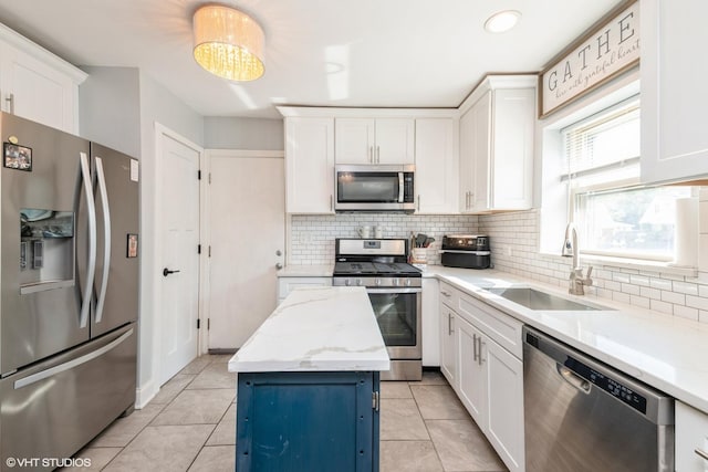 247 Tioga Ave, Bensenville, IL 60106 - kitchen featuring appliances with stainless steel finishes, white cabinetry, backsplash, light tile patterned flooring, and recessed lighting
