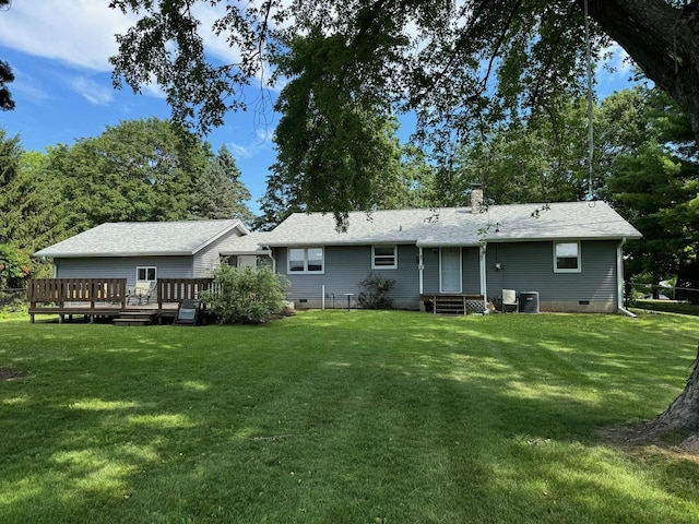 1536 Marberly Dr, Rockford, IL 61103 - back of property with crawl space, a chimney, a lawn, a deck, and entry steps