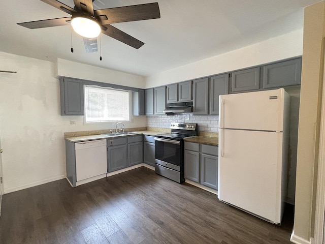 1208 Whispering Hills Ct Unit 1A, Naperville, IL 60540 - kitchen with white appliances, under cabinet range hood, gray cabinets, dark wood-style floors, and ceiling fan
