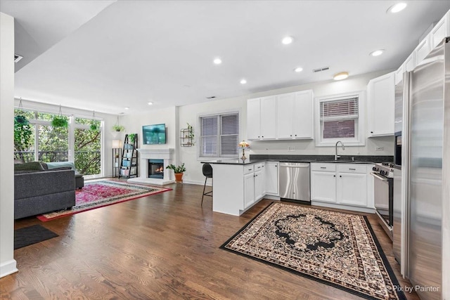 1124 W Diversey Pkwy Unit 2W, Chicago, IL 60614 - kitchen with stainless steel appliances, open floor plan, a peninsula, dark countertops, and recessed lighting