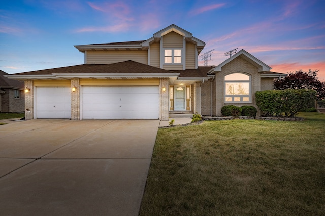 8425 Brookside Glen Dr, Tinley Park, IL 60487 - traditional home featuring brick siding, a garage, concrete driveway, a lawn, and a shingled roof