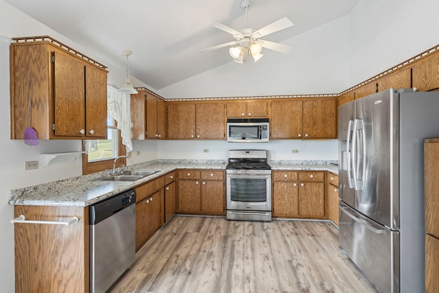 8425 Brookside Glen Dr, Tinley Park, IL 60487 - kitchen with appliances with stainless steel finishes, brown cabinets, lofted ceiling, light wood-style flooring, and ceiling fan