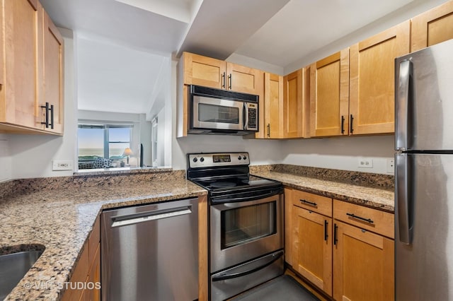 2909 N Sheridan Rd Unit 1309, Chicago, IL 60657 - kitchen featuring appliances with stainless steel finishes, light stone countertops, and light brown cabinets