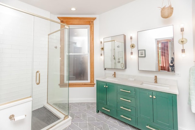 4805 S Langley Ave, Chicago, IL 60615 - full bathroom featuring a stall shower, double vanity, tile patterned flooring, and recessed lighting