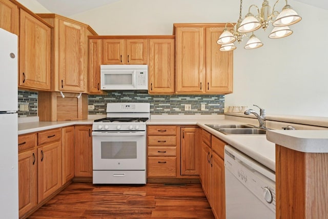 757 Bauman St Unit 0, Marengo, IL 60152 - kitchen with white appliances, decorative backsplash, a chandelier, and dark wood-type flooring