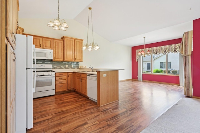757 Bauman St Unit 0, Marengo, IL 60152 - kitchen with white appliances, a chandelier, tasteful backsplash, a peninsula, and high vaulted ceiling