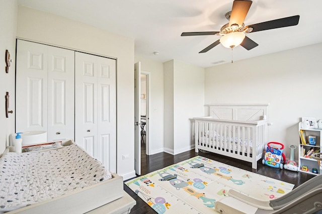 2903 Henley Ln, Naperville, IL 60540 - bedroom featuring a closet, dark wood finished floors, a ceiling fan, and a nursery area