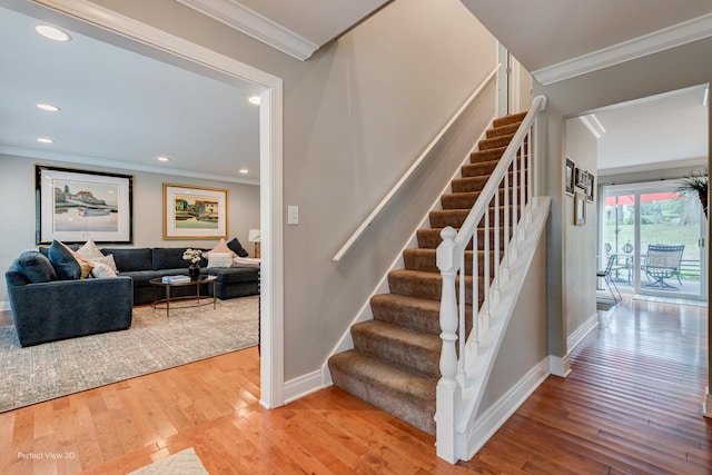 985 W Bauer Rd, Naperville, IL 60563 - stairway featuring wood-type flooring, crown molding, and recessed lighting