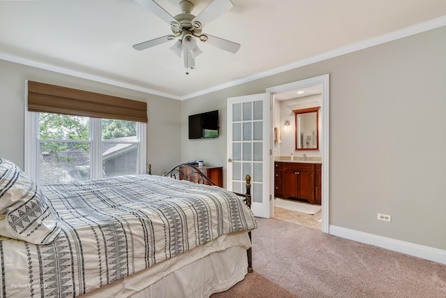 985 W Bauer Rd, Naperville, IL 60563 - bedroom with crown molding, carpet flooring, french doors, ensuite bath, and ceiling fan