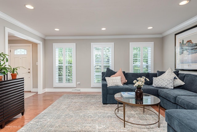 985 W Bauer Rd, Naperville, IL 60563 - living room featuring plenty of natural light, light wood-style floors, crown molding, and recessed lighting
