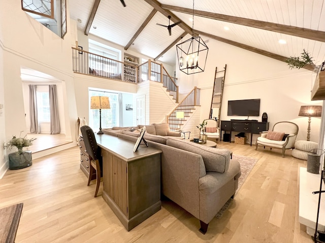 204 Country Commons Rd, Trout Valley, IL 60013 - living room with light wood-style floors, a chandelier, high vaulted ceiling, stairway, and a wood ceiling with exposed beams
