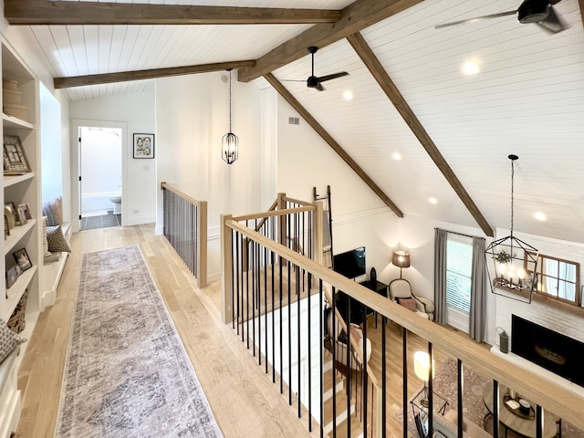 204 Country Commons Rd, Trout Valley, IL 60013 - hallway featuring an upstairs landing, a chandelier, light wood-style floors, wood ceiling, and recessed lighting