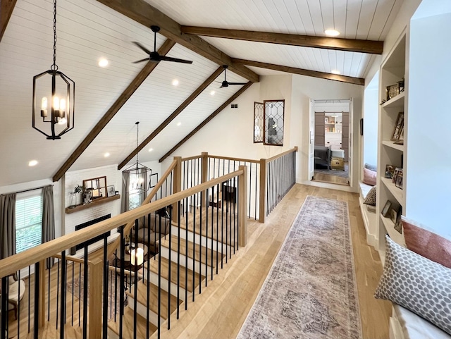 204 Country Commons Rd, Trout Valley, IL 60013 - hall featuring a chandelier, light wood-type flooring, recessed lighting, an upstairs landing, and wooden ceiling