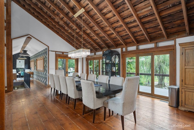 51 Chippewa Dr, Oswego, IL 60543 - dining area with a wood ceiling with exposed beams, hardwood / wood-style flooring, high vaulted ceiling, and a chandelier