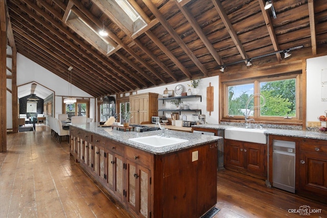 51 Chippewa Dr, Oswego, IL 60543 - kitchen featuring a wood ceiling with exposed beams, dark wood-type flooring, a center island, high vaulted ceiling, and light stone countertops
