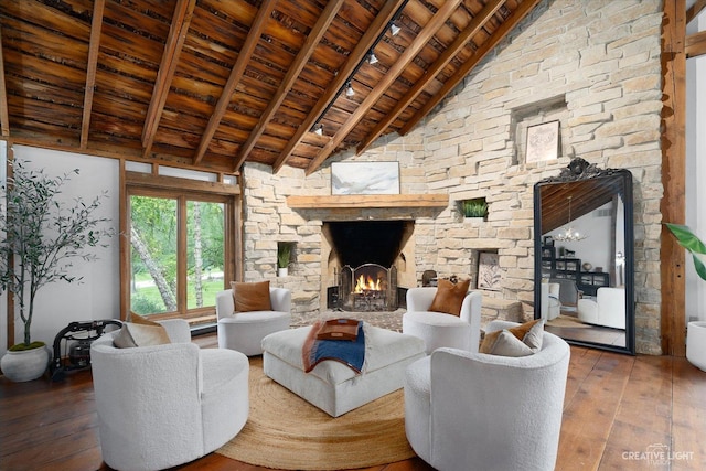 51 Chippewa Dr, Oswego, IL 60543 - living room with a stone fireplace, a wood ceiling with exposed beams, hardwood / wood-style flooring, and high vaulted ceiling