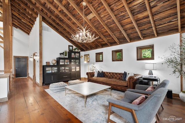 51 Chippewa Dr, Oswego, IL 60543 - living area featuring a wooden ceiling with exposed beams, a chandelier, dark wood-style flooring, and high vaulted ceiling