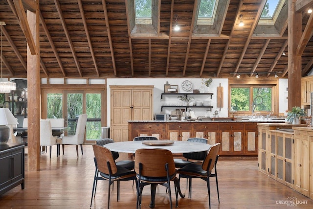 51 Chippewa Dr, Oswego, IL 60543 - dining space with wood ceiling, light wood-style floors, and a skylight