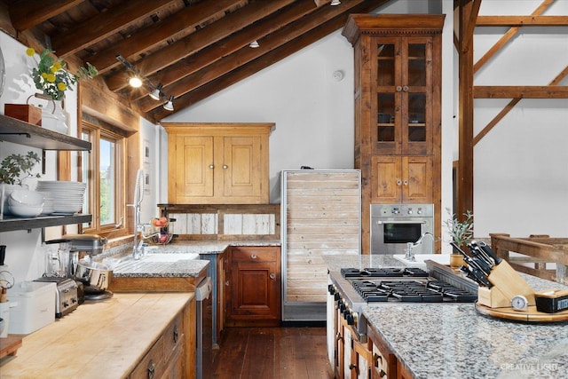 51 Chippewa Dr, Oswego, IL 60543 - kitchen featuring appliances with stainless steel finishes, dark wood-style floors, open shelves, a wooden ceiling with exposed beams, and glass insert cabinets