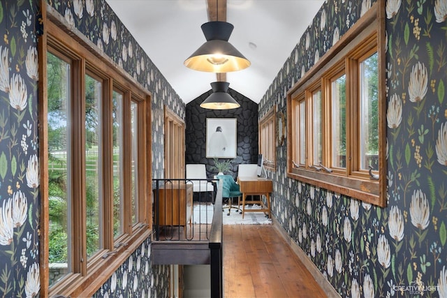 51 Chippewa Dr, Oswego, IL 60543 - hall featuring wallpapered walls, wood finished floors, and vaulted ceiling