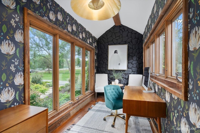 51 Chippewa Dr, Oswego, IL 60543 - home office featuring lofted ceiling, wood finished floors, and wallpapered walls