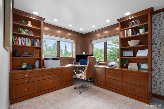51 Chippewa Dr, Oswego, IL 60543 - office featuring ornamental molding, plenty of natural light, light carpet, and recessed lighting