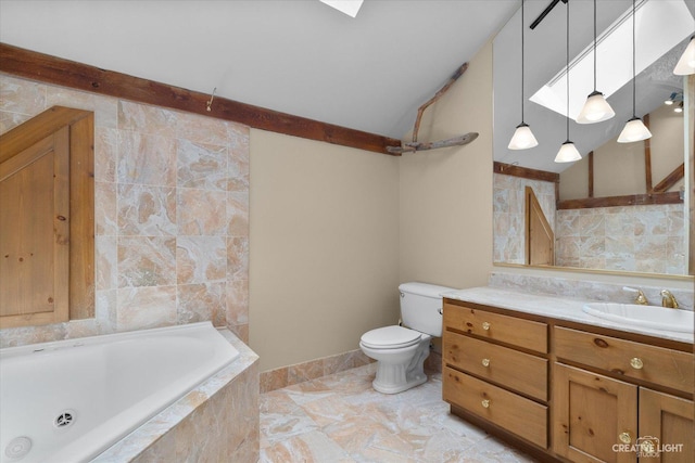 51 Chippewa Dr, Oswego, IL 60543 - bathroom with tiled tub, vanity, lofted ceiling, and tile walls