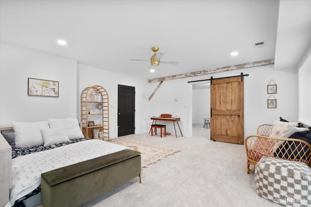 51 Chippewa Dr, Oswego, IL 60543 - carpeted bedroom featuring a barn door, recessed lighting, and ceiling fan