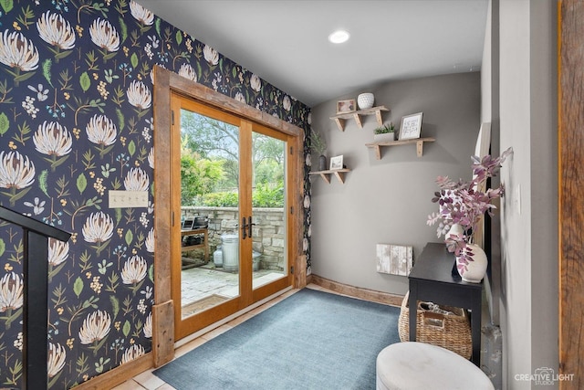 51 Chippewa Dr, Oswego, IL 60543 - doorway to outside with wallpapered walls and recessed lighting
