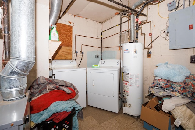 17366 Walden Rd, Hudson, IL 61748 - washroom with water heater, washing machine and clothes dryer, electric panel, and tile patterned floors