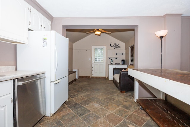 17366 Walden Rd, Hudson, IL 61748 - kitchen featuring stainless steel dishwasher, stone tile floors, a ceiling fan, white cabinetry, and light countertops