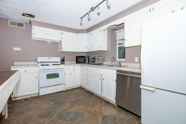 17366 Walden Rd, Hudson, IL 61748 - kitchen with white appliances, white cabinetry, stone finish floors, and light countertops