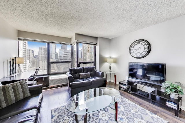 30 E Huron St Unit 2603, Chicago, IL 60611 - living area featuring healthy amount of natural light, a textured ceiling, wood finished floors, and radiator