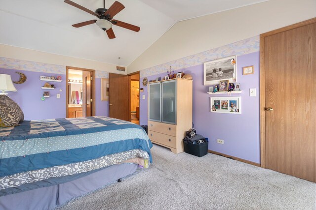255 Ironbark Ct, Bolingbrook, IL 60440 - carpeted bedroom featuring lofted ceiling, ceiling fan, and ensuite bath