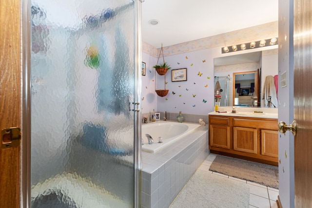 255 Ironbark Ct, Bolingbrook, IL 60440 - bathroom featuring tile patterned flooring, vanity, a bath, a stall shower, and wallpapered walls