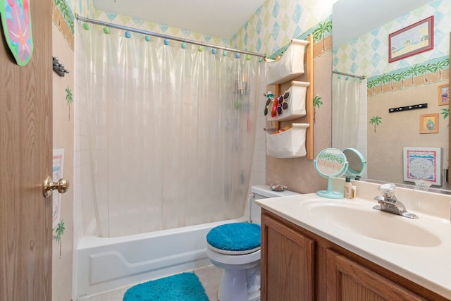255 Ironbark Ct, Bolingbrook, IL 60440 - bathroom with vanity, shower / bathtub combination with curtain, and wallpapered walls
