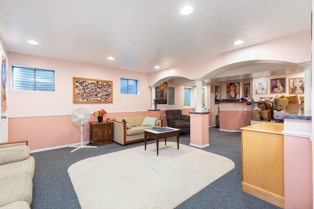 255 Ironbark Ct, Bolingbrook, IL 60440 - living area with carpet flooring, ornate columns, healthy amount of natural light, recessed lighting, and arched walkways