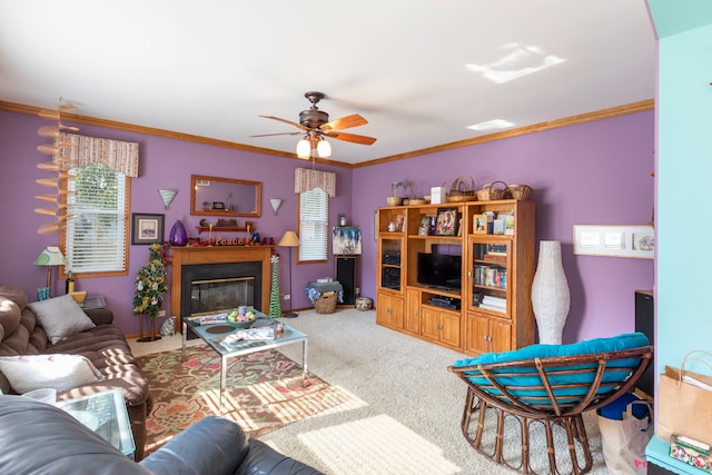 255 Ironbark Ct, Bolingbrook, IL 60440 - carpeted living area featuring a ceiling fan, ornamental molding, and a fireplace with flush hearth