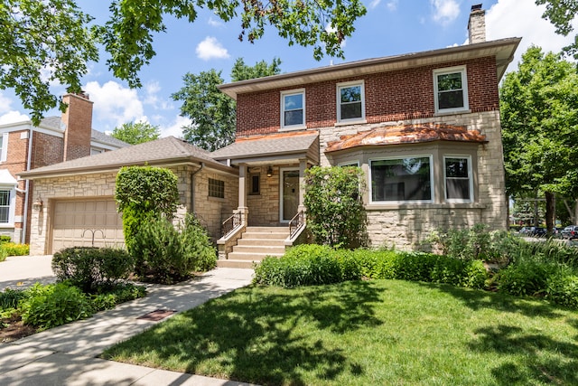 2900 W Birchwood Ave, Chicago, IL 60645 - view of front of house featuring stone siding, a garage, a front yard, a chimney, and driveway