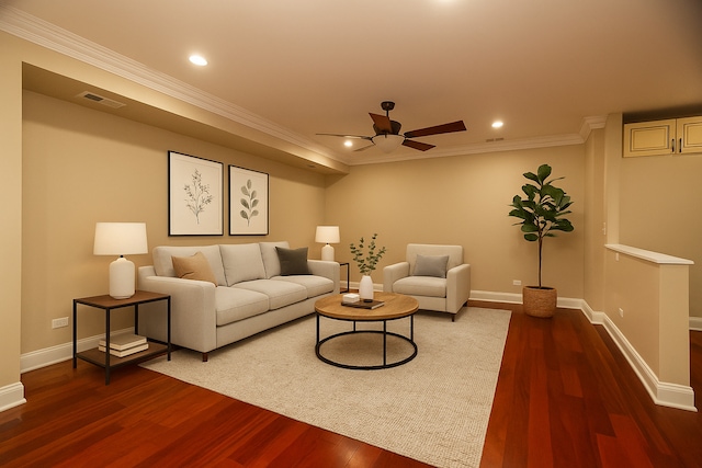 2900 W Birchwood Ave, Chicago, IL 60645 - living room with ceiling fan, recessed lighting, crown molding, and dark wood-style floors