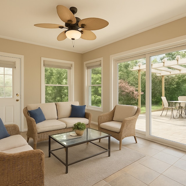 2900 W Birchwood Ave, Chicago, IL 60645 - living area with crown molding, light tile patterned flooring, and a ceiling fan