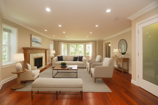 2900 W Birchwood Ave, Chicago, IL 60645 - living area featuring ornamental molding, wood finished floors, recessed lighting, and a premium fireplace