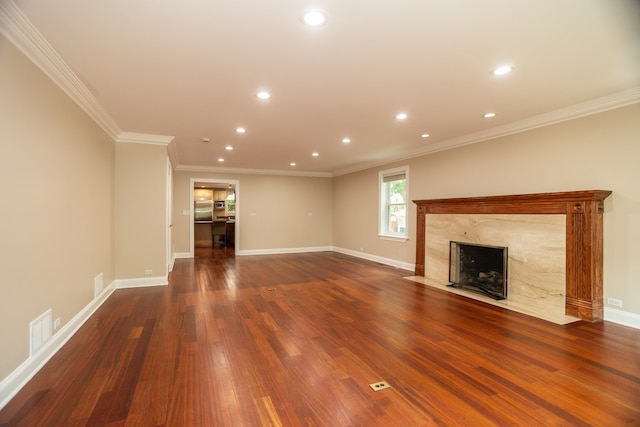 2900 W Birchwood Ave, Chicago, IL 60645 - unfurnished living room featuring recessed lighting, wood finished floors, a fireplace, and ornamental molding