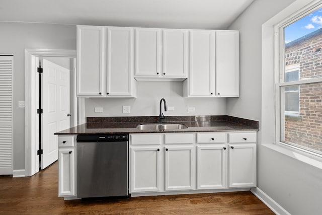 4604 N Monticello Ave Unit 3E, Chicago, IL 60625 - kitchen with dishwasher, white cabinets, and dark wood-style floors