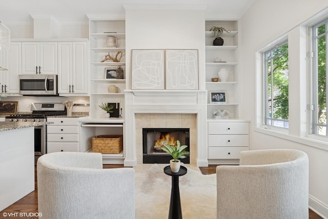 1401 N Wieland St Unit P, Chicago, IL 60610 - living area featuring dark wood-style flooring, crown molding, a fireplace, and built in shelves