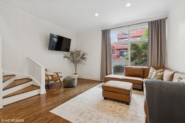 1401 N Wieland St Unit P, Chicago, IL 60610 - living area with crown molding, wood finished floors, recessed lighting, and stairs